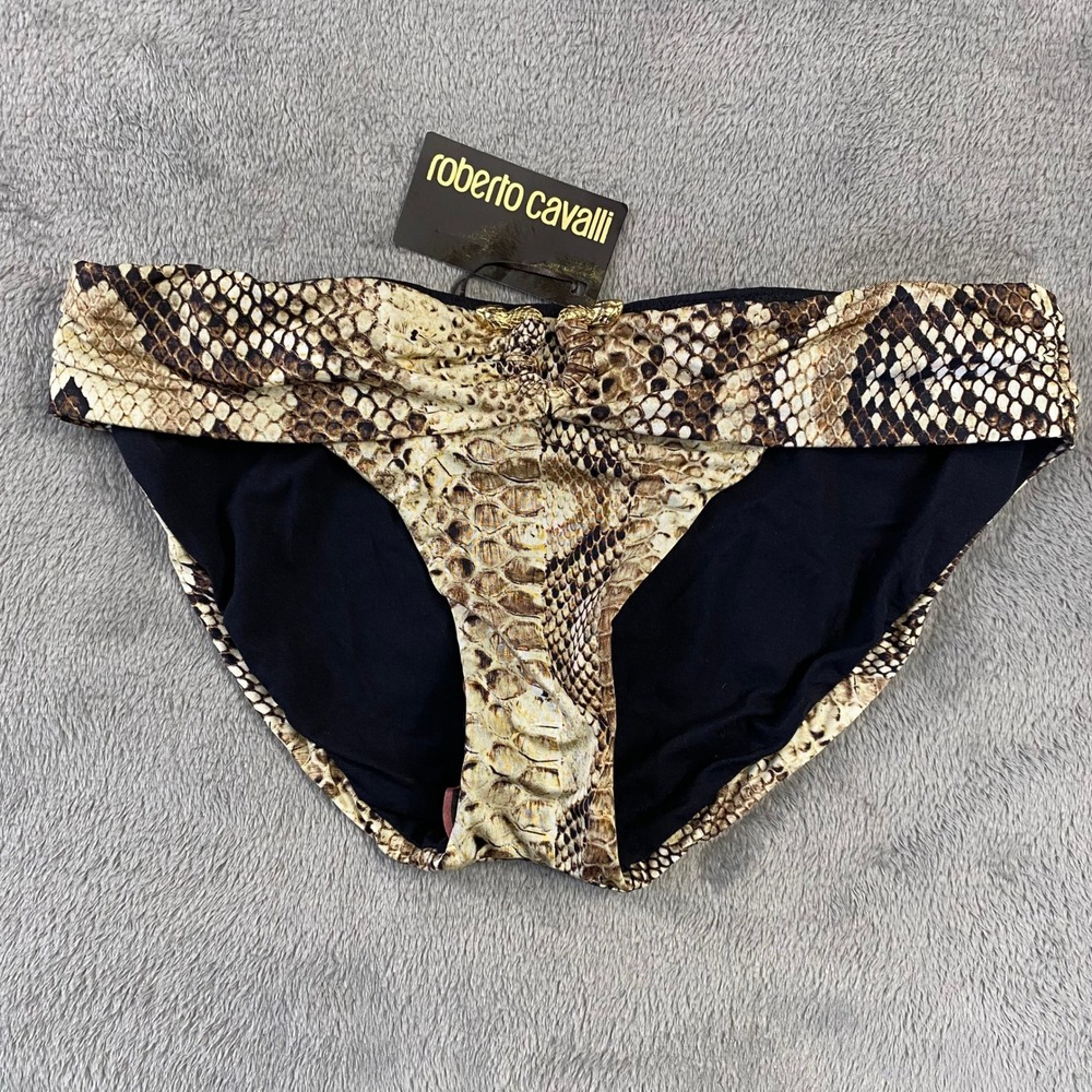 Roberto Cavalli Beachwear Snakeskin Bikini Bottoms Gold Hardware S